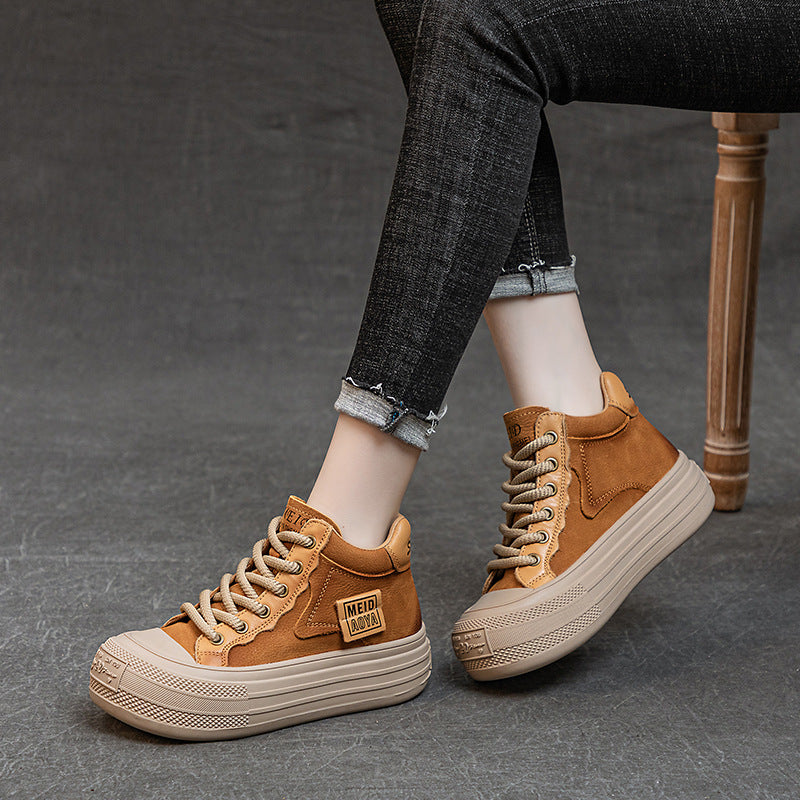 Women’s Leather Patchwork Lace-Up High-Top Shoes – Platform Casual Sneakers