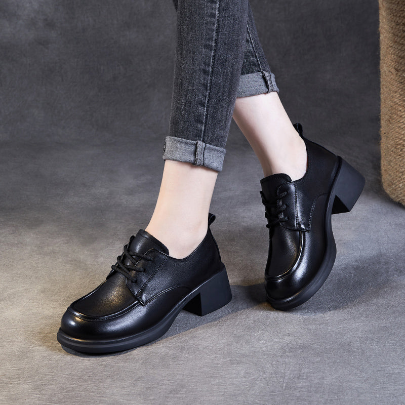 Women's Leather Comfortable Low Heel Block Oxford Shoes