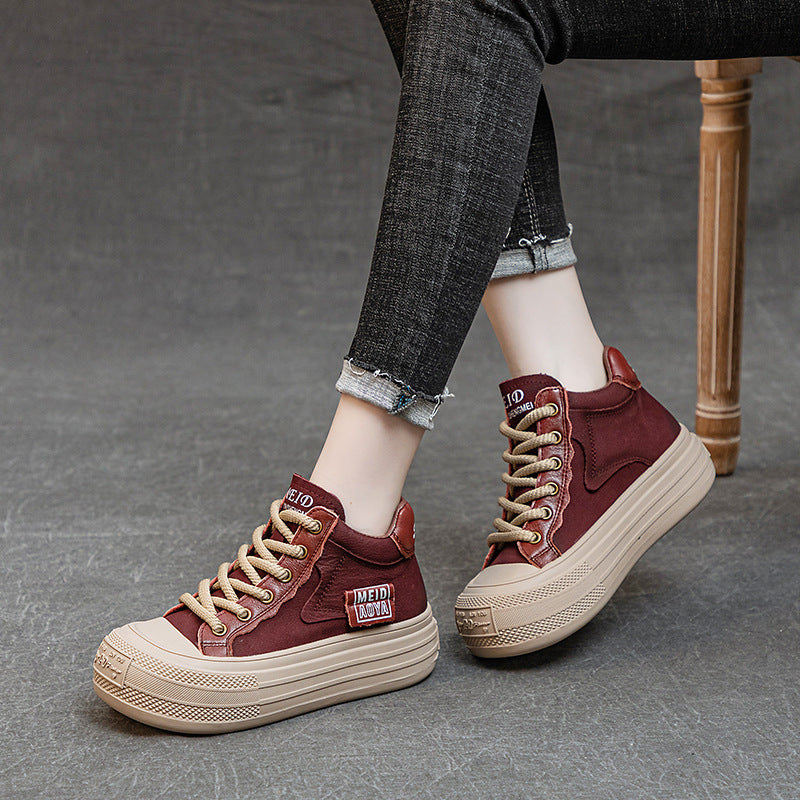 Women’s Leather Patchwork Lace-Up High-Top Shoes – Platform Casual Sneakers