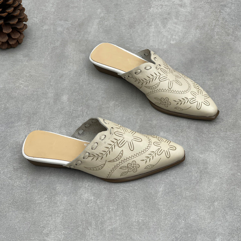Women's Embossed Leather Mules – Vintage Bohemian Pointed-Toe Floral Slides