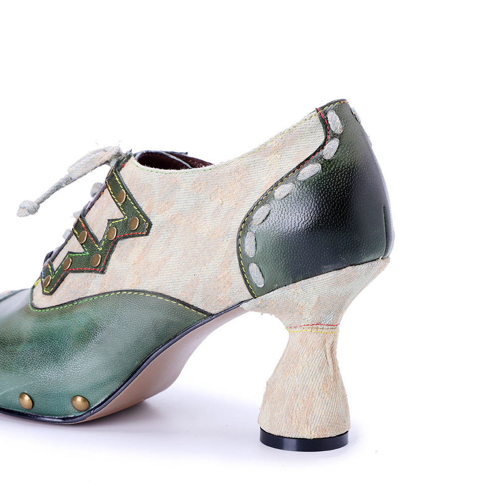 Vintage Inspired Leather Heeled Oxfords for Women - Studded Pointed Toe Lace-up Shoes