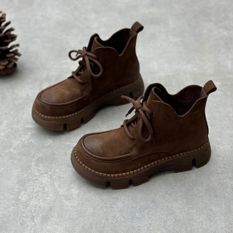 Women's Vintage Leather Lace-Up Boots – Soft Platform Short Ankle Shoes