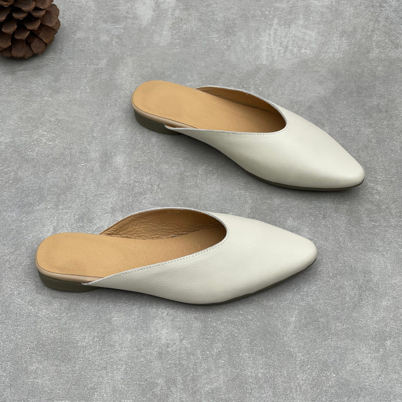 Women's Pointed Toe Leather V-Cut Mules - Unlined Minimalist Flat Slides
