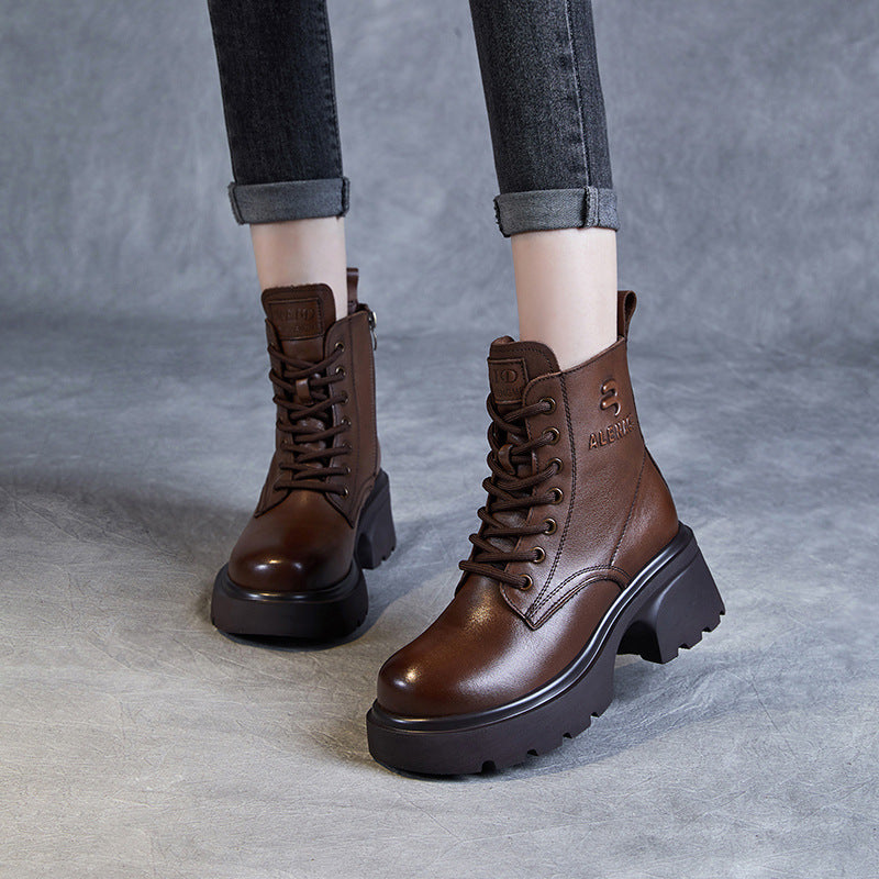 Women's Genuine Leather Lightweight Ankle Boots – Platform Chunky Heel