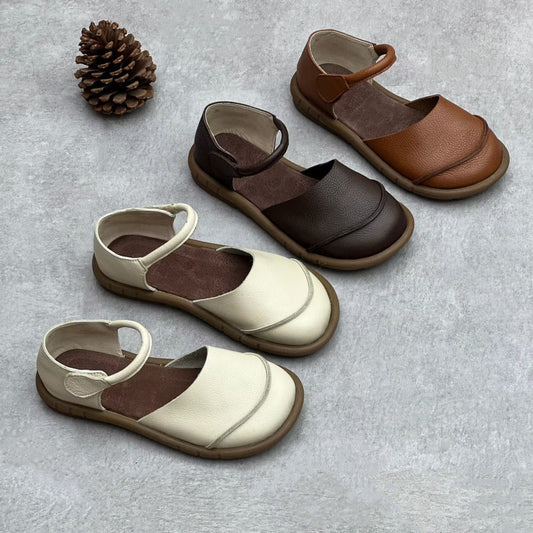 Retro Closed Toe Handmade Genuine Leather Flats Sandals for Women