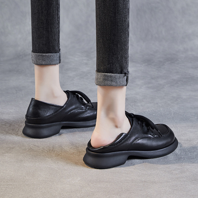 Women's Leather Comfortable Casual Chunky Heel Lace-Up Shoes
