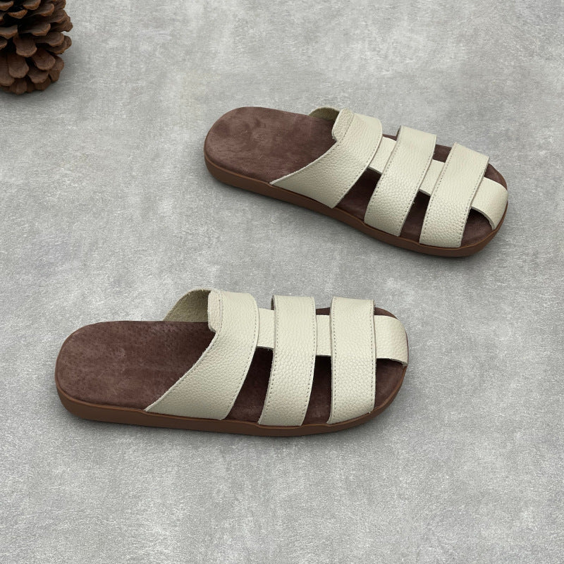 Artisanal Woven Leather Summer Slides - Minimalist Round Toe Cowhide Mules - Breathable Flat Footwear