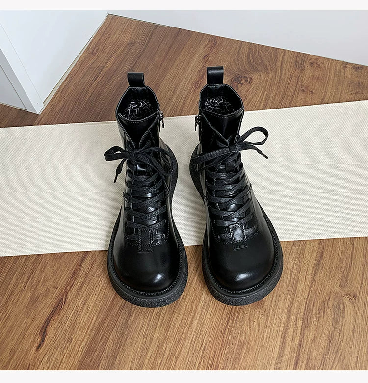 Women's Ankle Boots Lace Up Mid Calf Combat Booties Platform Low Heel