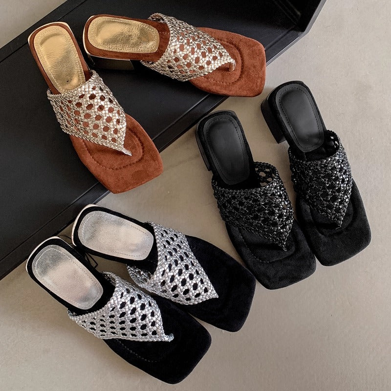 Women's Mesh Mid Heel Slide Sandals – Block Heel Toe Loop Design