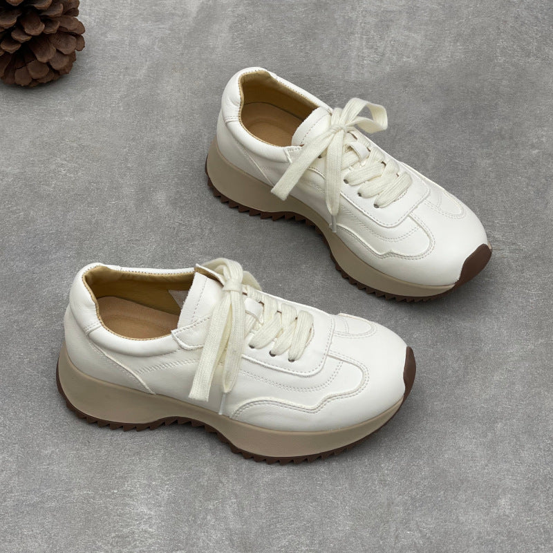 Women’s Retro Leather Chunky Dad Trainers – Round Toe Lace-Up Casual Sneakers