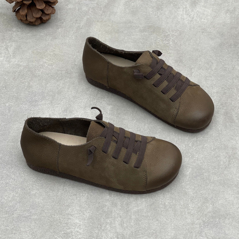 Women’s Handmade Leather Round Toe Flats – Lace-Up Lightweight Casual Shoes