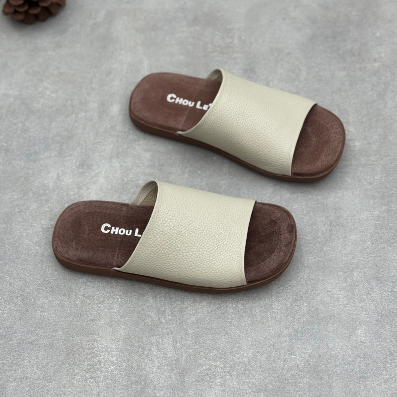 Women's Minimalist Pebbled Leather Mules - Luxury Raw-Cut Summer Slides