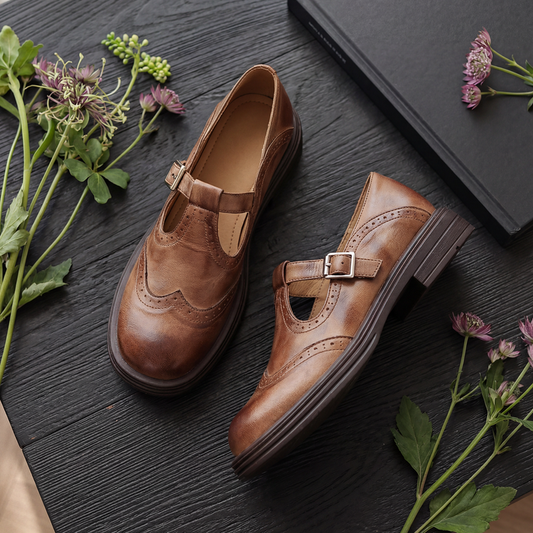 Women's Sheepskin T-Strap Mary Janes - Vintage Burnished Brogue Wingtip Oxford Shoes