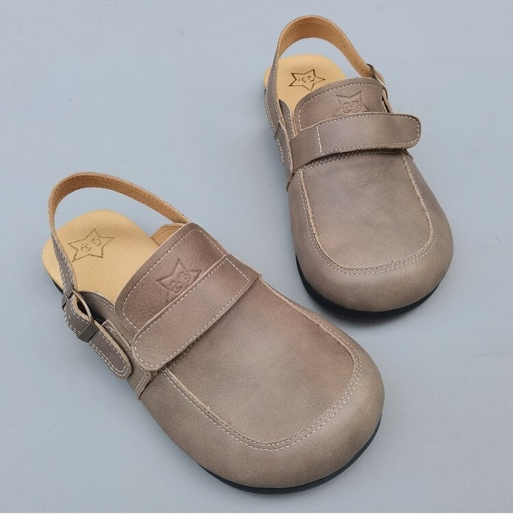 Women's Leather Sandals - Vintage Contrast Stitching Flexible Slip-On Mule Slides with Slingback Strap