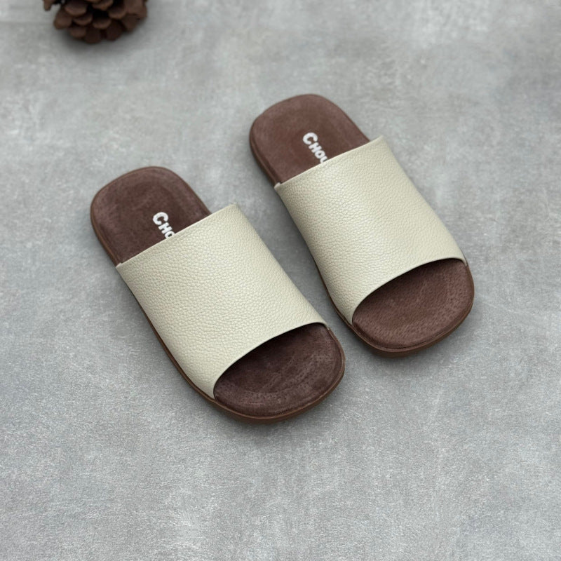 Women's Minimalist Pebbled Leather Mules - Luxury Raw-Cut Summer Slides