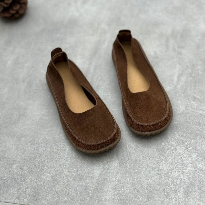 Women’s Minimalist Handmade Leather Slip-On Flats – Round Toe Casual Shoes