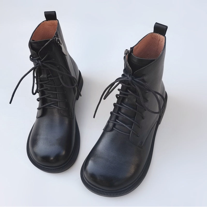 Women's Vintage Wide Toe Genuine Leather Ankle Boots – Handmade, Soft Sole, British Style