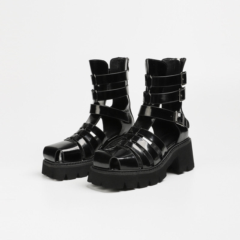 Women's Gladiator Platform Cyberpunk Patent Leather Platform Sandals - Gothic Multi-Strap High Heel Boots