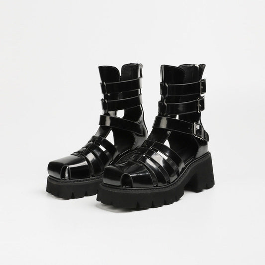 Women's Gladiator Platform Cyberpunk Patent Leather Platform Sandals - Gothic Multi-Strap High Heel Boots