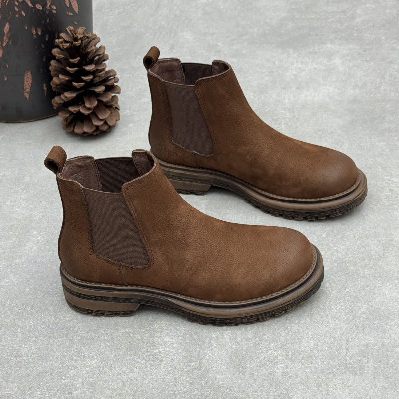 Women's Top-Grain Leather Chelsea Ankle Boots Slip On Low Platform Heel Booties