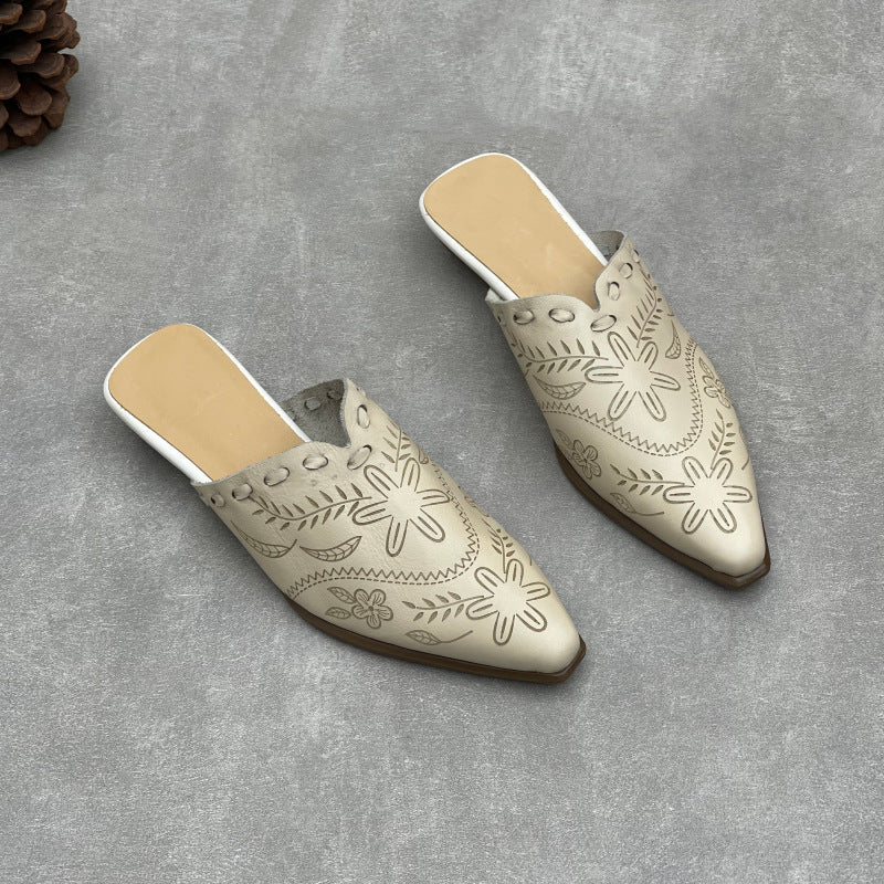 Women's Embossed Leather Mules – Vintage Bohemian Pointed-Toe Floral Slides