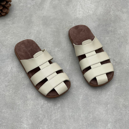 Artisanal Woven Leather Summer Slides - Minimalist Round Toe Cowhide Mules - Breathable Flat Footwear