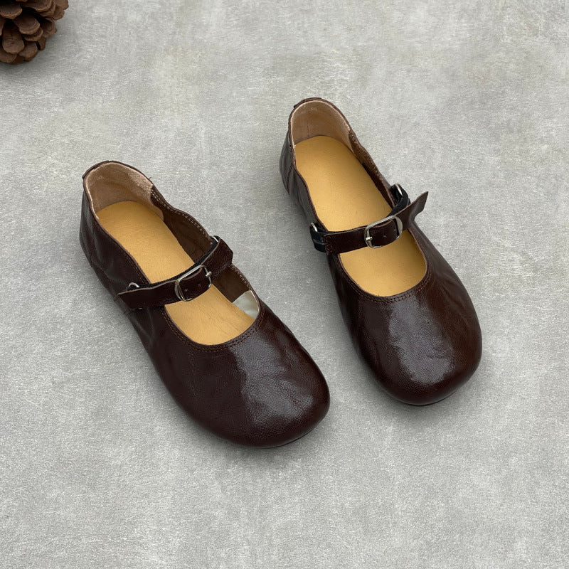 Women’s Handmade Sheepskin Mary Jane Flats – Vintage Round Toe Slip-On Shoes