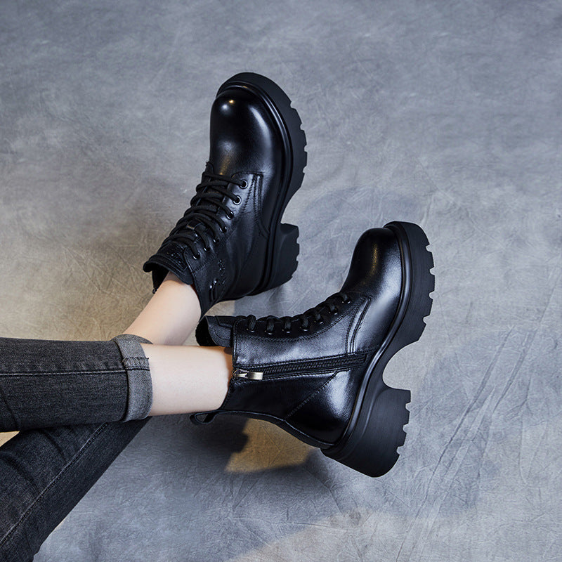 Women's Genuine Leather Lightweight Ankle Boots – Platform Chunky Heel