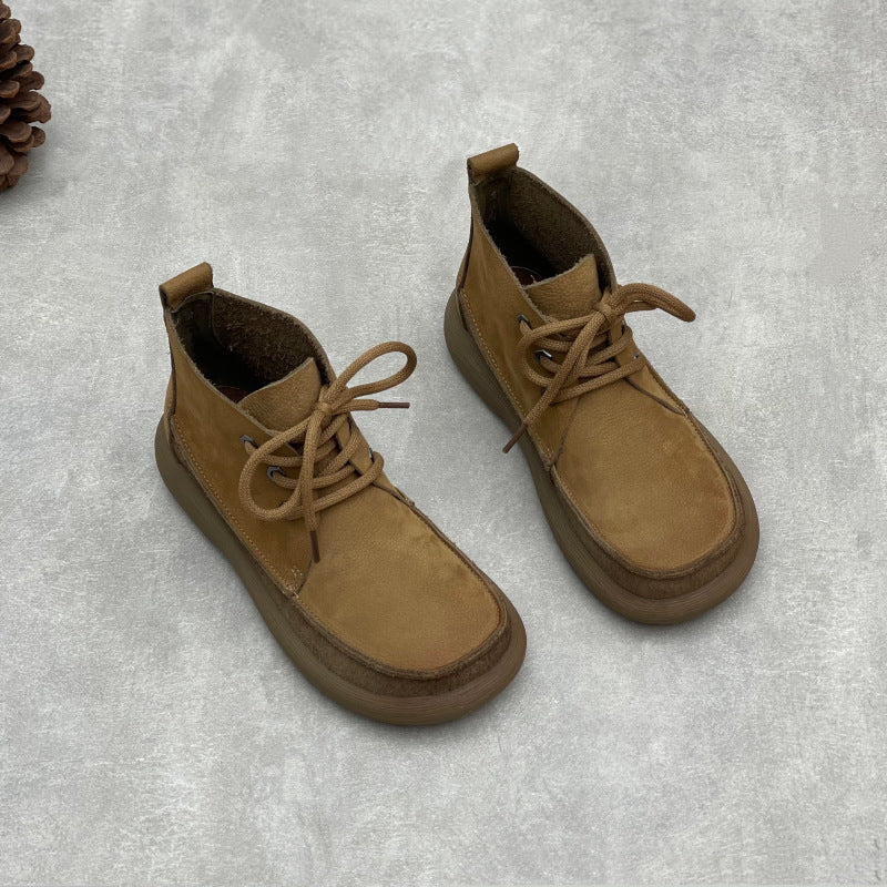 Women's Retro Leather Patchwork Boots – Lace-Up Soft Short Ankle Shoes