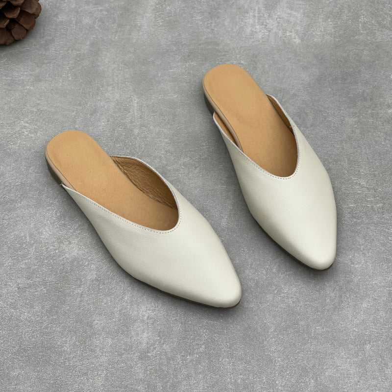 Women's Pointed Toe Leather V-Cut Mules - Unlined Minimalist Flat Slides