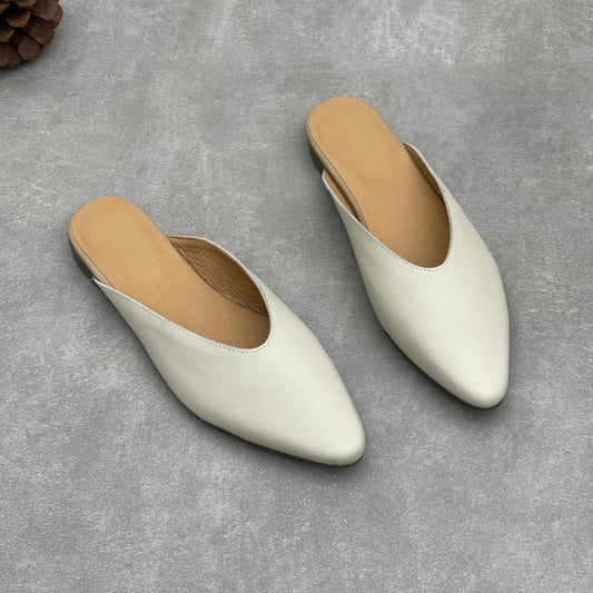 Women's Pointed Toe Leather V-Cut Mules - Unlined Minimalist Flat Slides