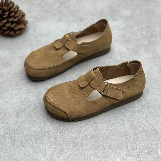 Comfortable Vintage Leather Velcro Mary Jane Flats Womens Shoes