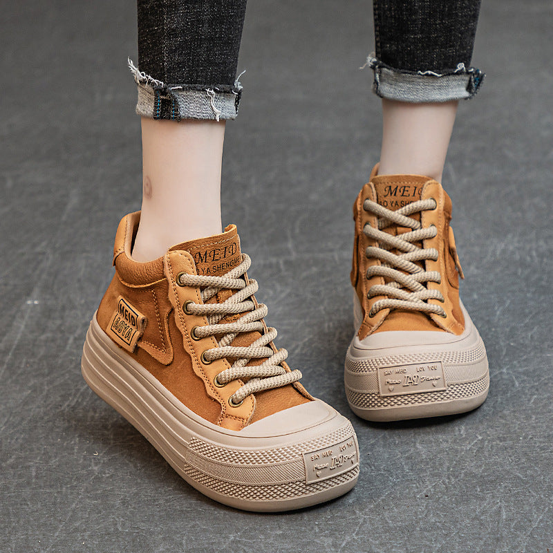 Women’s Leather Patchwork Lace-Up High-Top Shoes – Platform Casual Sneakers
