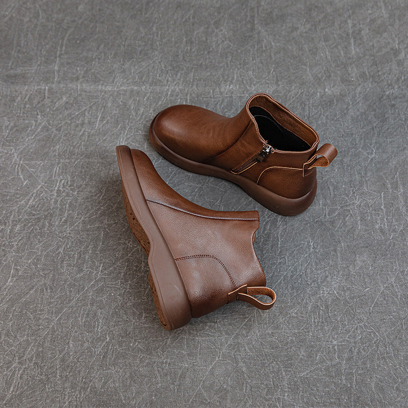 Women's Comfortable Leather Ankle Boots – Low Heel with Side Zipper
