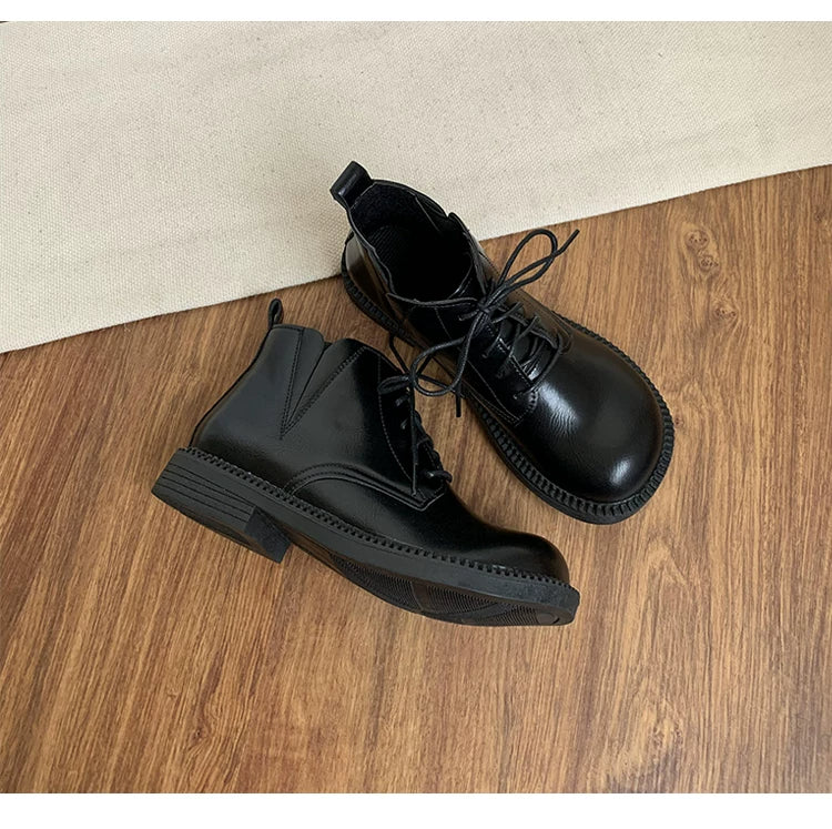 Women's Vegan Leather Ankle Boots Lace Up Casual Low Heel Booties Comfortable Walking Shoes