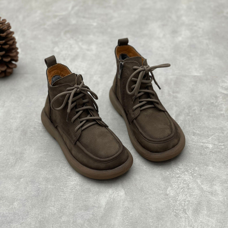 Women's Vintage Leather Lace-Up Zipper Ankle Boots – Flat Casual Comfort