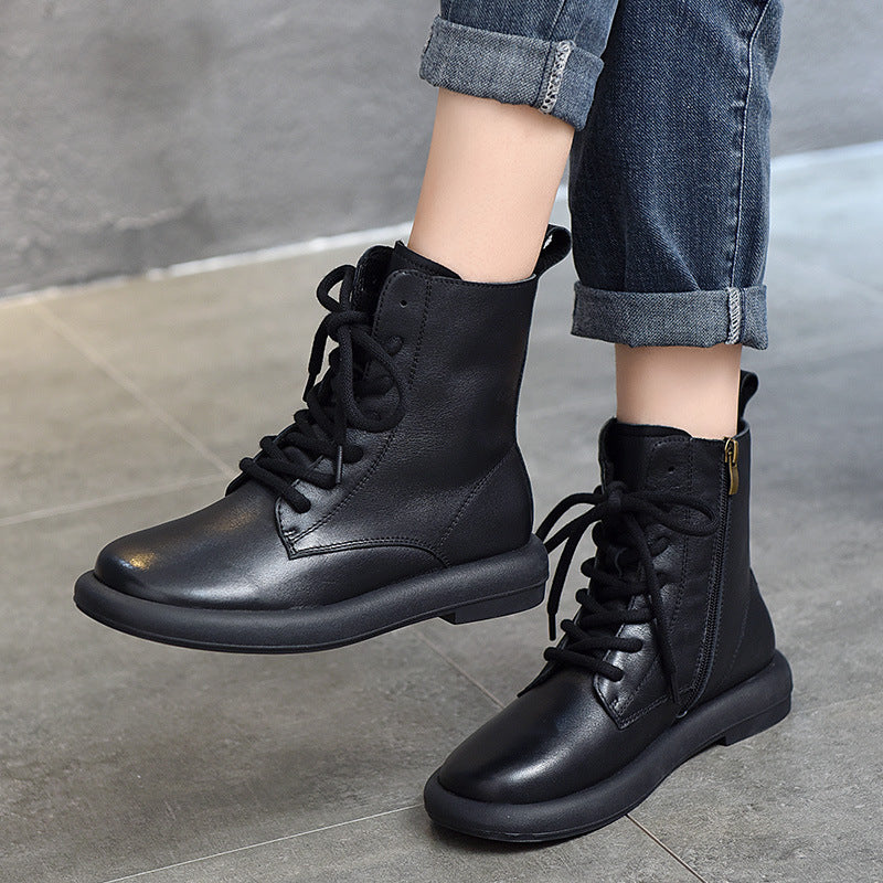 Women's Genuine Leather Casual Boots – Lace-Up & Zipper Design