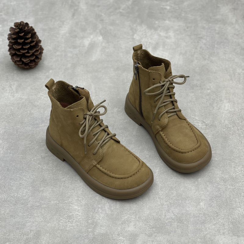 Comfy Vintage Zip Ankle Boots for Women – Lace Up Soft Leather Style