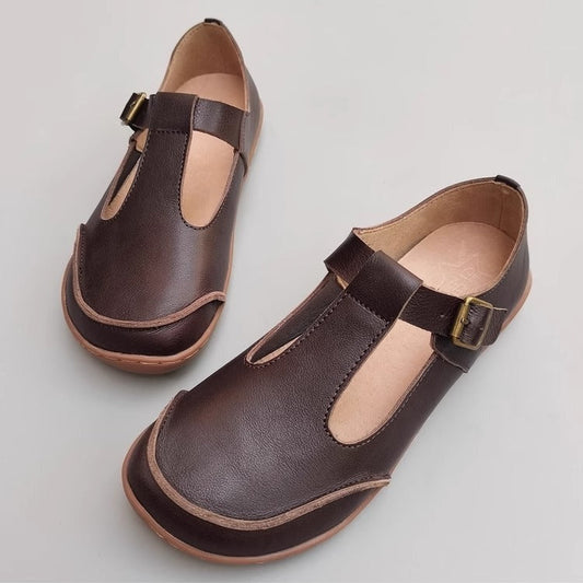 Handmade Vintage Genuine Leather Soft Lightweight T-Strap Mary Jane Shoes for Women