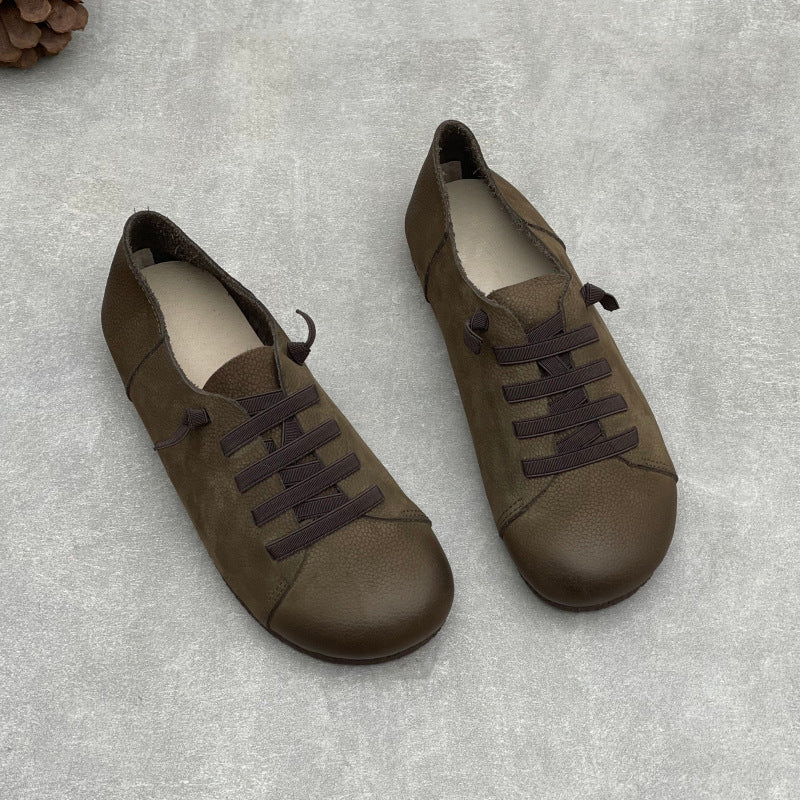 Women’s Handmade Leather Round Toe Flats – Lace-Up Lightweight Casual Shoes
