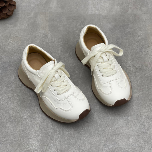 Women’s Retro Leather Chunky Dad Trainers – Round Toe Lace-Up Casual Sneakers