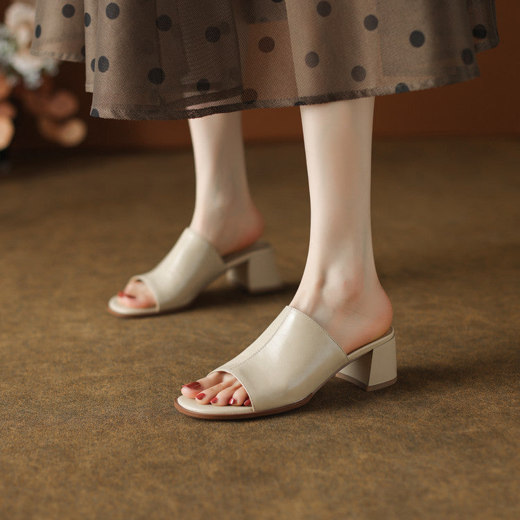 Women's Cowhide Chunky Heel Open Toe Heels Sandals Slippers