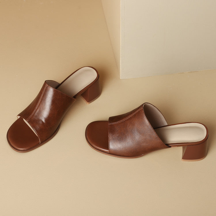 Women's Cowhide Chunky Heel Open Toe Heels Sandals Slippers