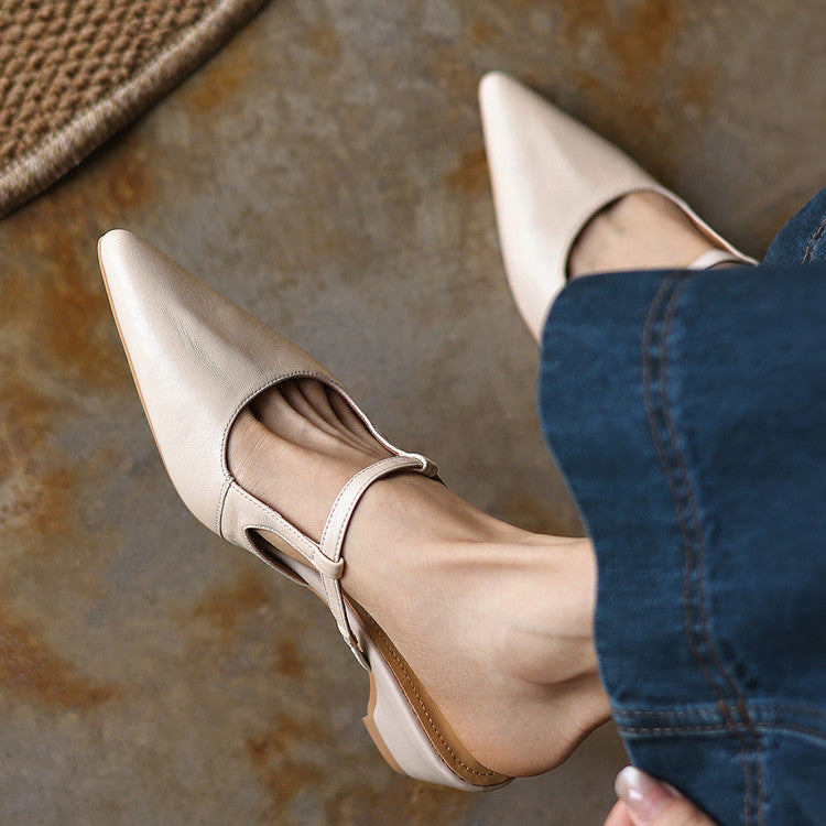 Women's Sheepskin T-Strap Mules - Pointed Toe Mid Block Heel Pumps-
