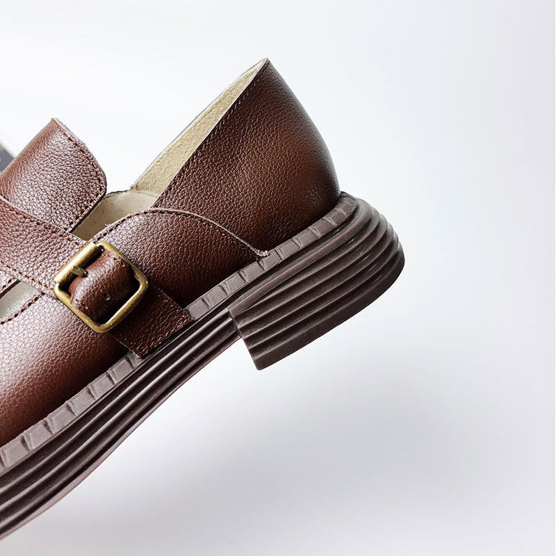 Women's Retro Top-Grain Leather Loafers Slip On Buckle Strap Casual Shoes