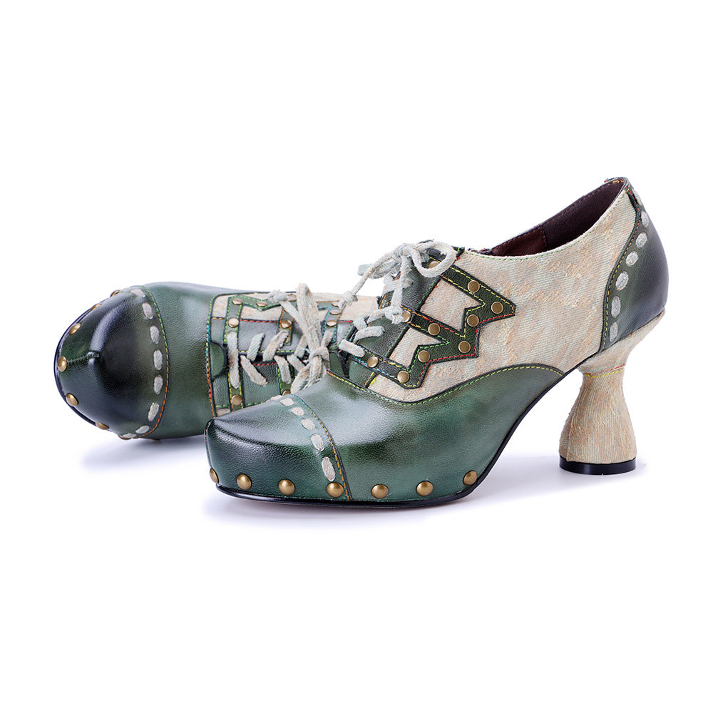 Vintage Inspired Leather Heeled Oxfords for Women - Studded Pointed Toe Lace-up Shoes