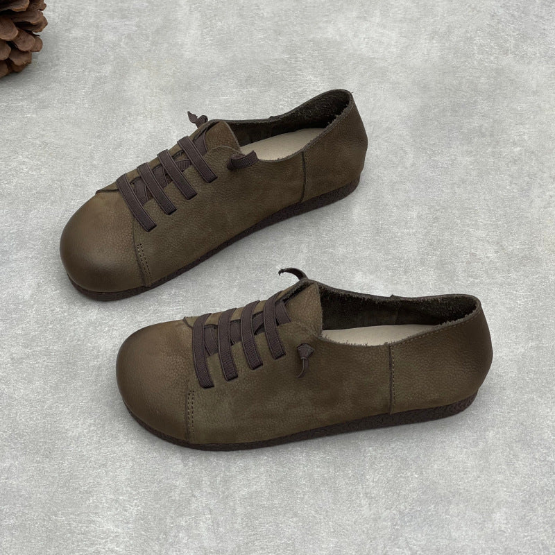 Women’s Handmade Leather Round Toe Flats – Lace-Up Lightweight Casual Shoes