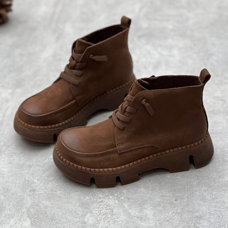 Retro Soft Leather Ankle Boots for Women – Comfortable Lace Up Design