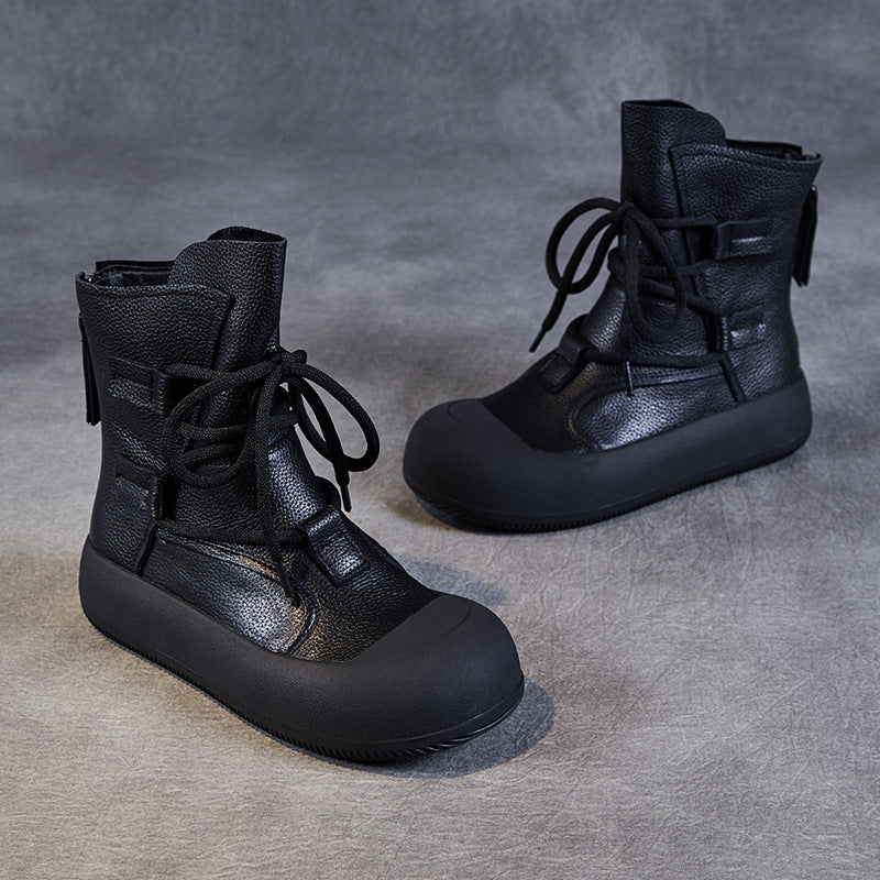 Women's Lace-Up Platform Boots – Genuine Leather Casual Back Zipper Boots