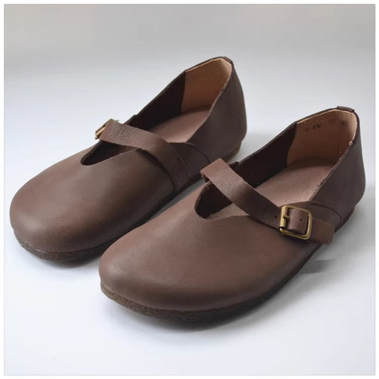 Women's Handmade Leather Round Toe Vintage Buckle Up Flats